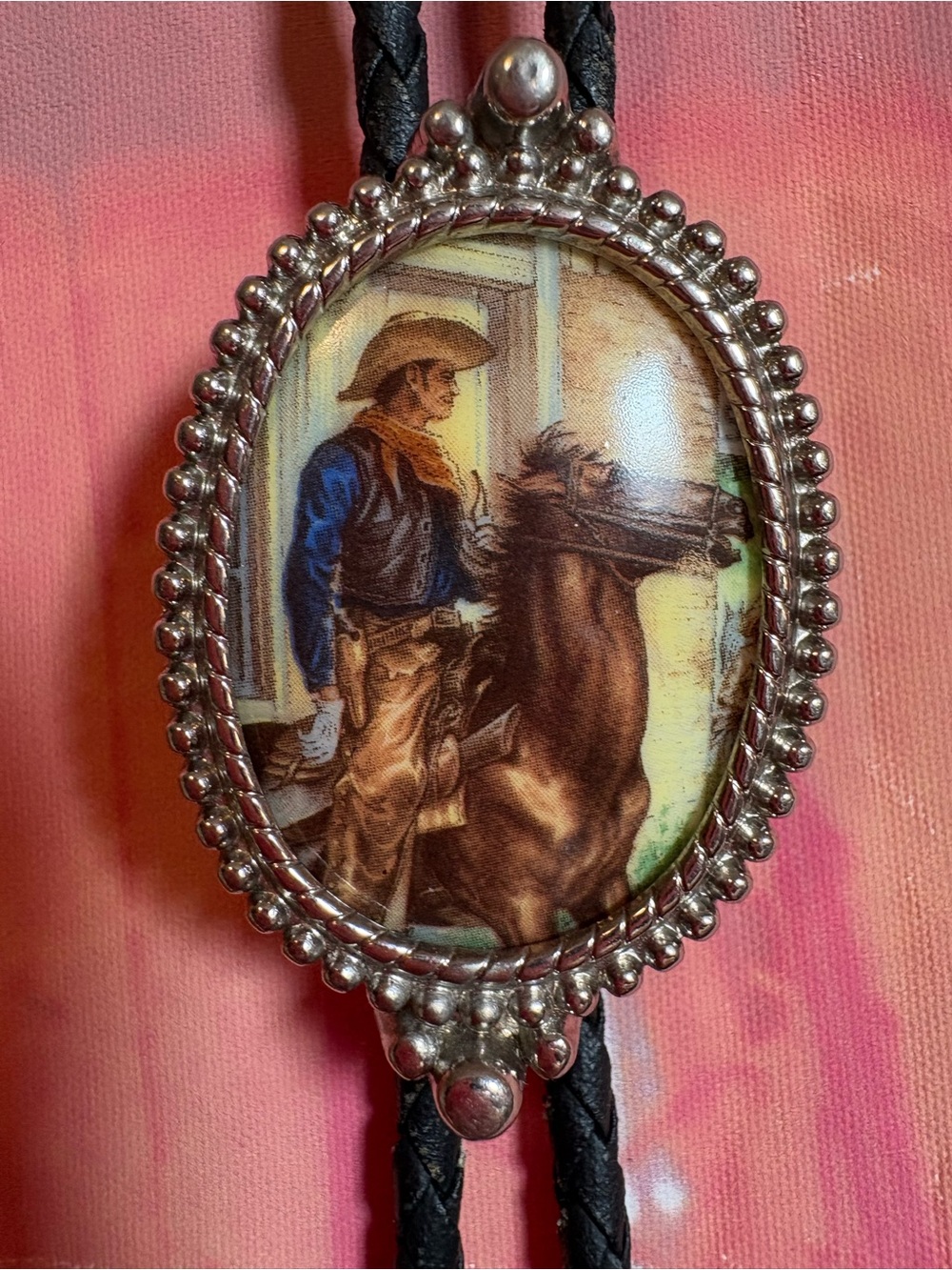 Vintage Painted Porcelain Cowboy & Horse Bolo Tie | Black Leather
